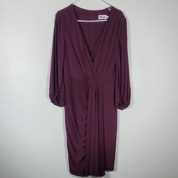 Eliza J Long Sleeve Wrap Dress Size 10 Wine Knee V Neck Stretch Drapey Ruched - Picture 2 of 14